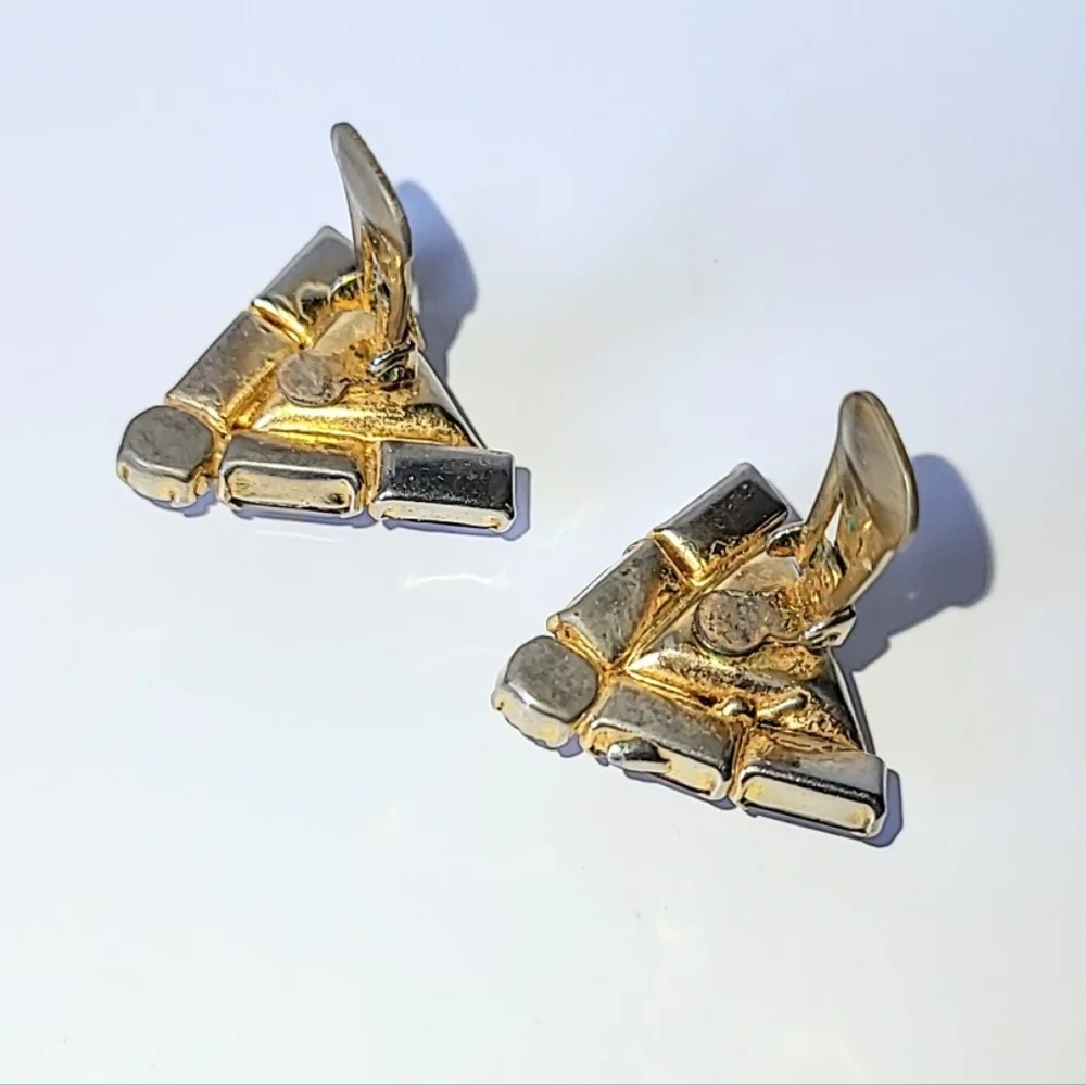Art Deco Cognac Triangular Crystal Clip Earrings - Vintage Earth Tone Colors